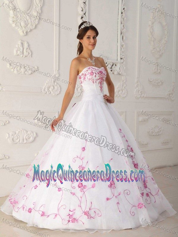 White Ball Gown Strapless Embroidery Sweet Sixteen Dresses