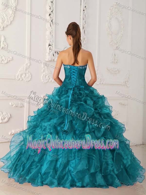 Turquoise Strapless Embroidery Quinceanera Dress with Ruffles