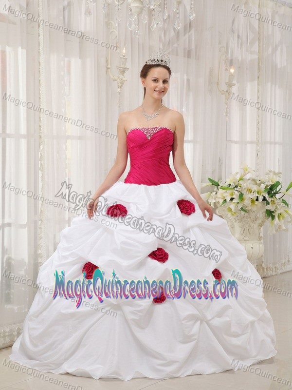 Hot Pink and White Strapless Hand Made Flower Dress for Quince