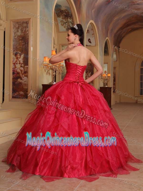 Halter Ruffled Red Quinceanera Dress with Appliques and Beading