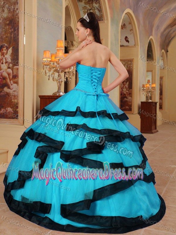 Layered Strapless Ball Gown Sweet 15 Dresses in Turquoise Beaded