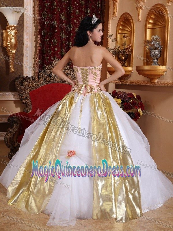 Gold Appliques White Strapless Sweet Sixteen Dresses in Mexicali