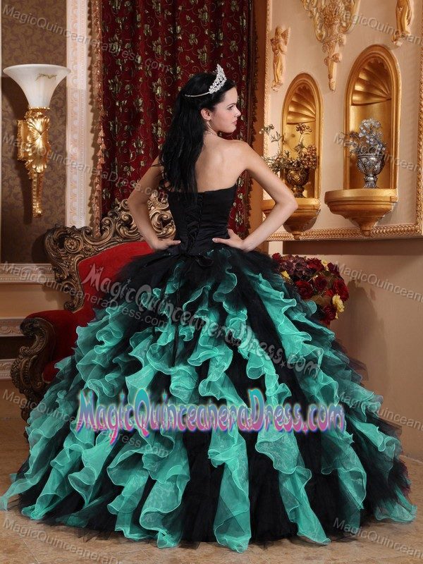 Beaded Sweetheart Ruffled Quince Dresses in Black and Turquoise