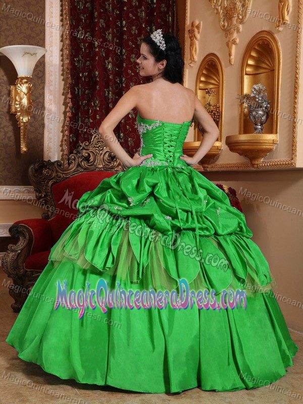 Strapless Appliques Spring Green Quince Dresses with Pick-ups