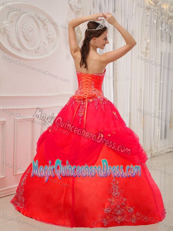 Coral Red Ball Gown Strapless Appliques Quince Dresses Beading