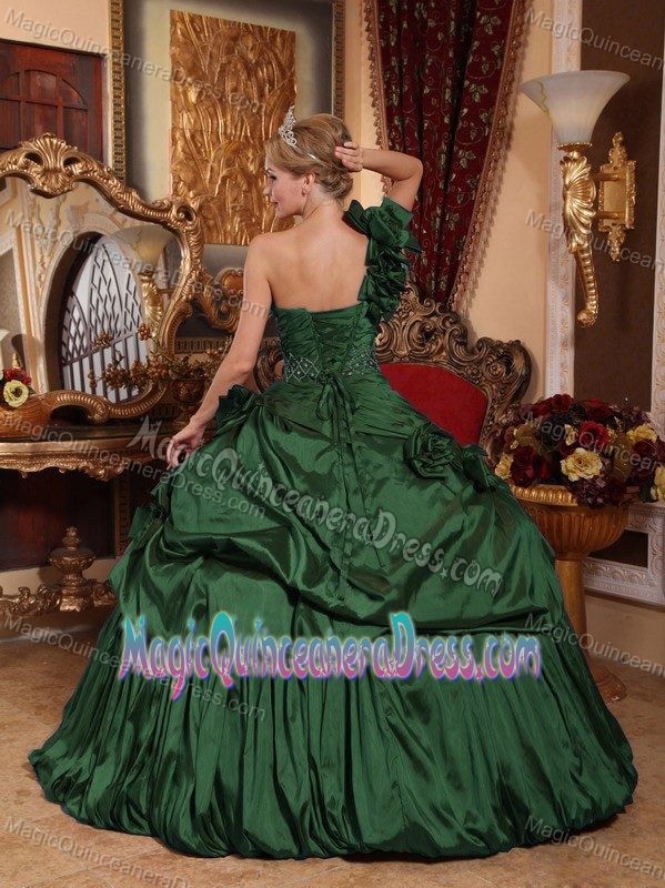 Floral One Shoulder Beading Quinceanera Gowns in Dark Green