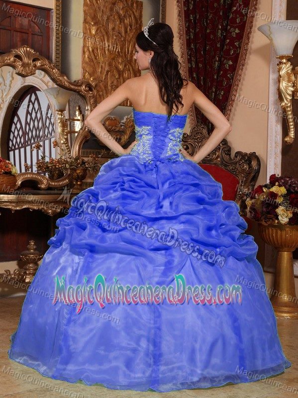 Strapless Blue Appliques Sweet Sixteen Dresses with Pick-ups