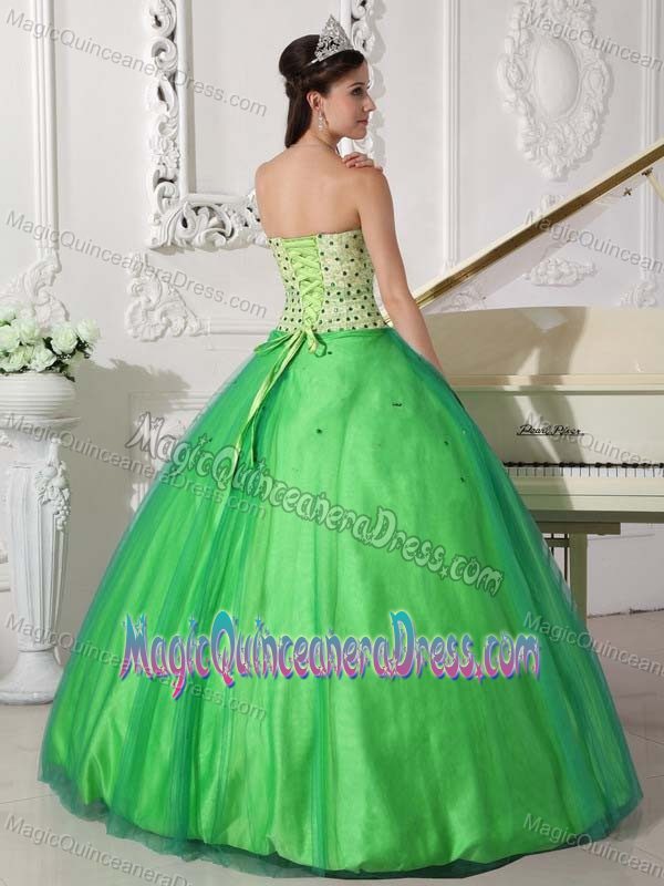 Green Ball Gown Strapless Floor-length Beaded Quince Dresses