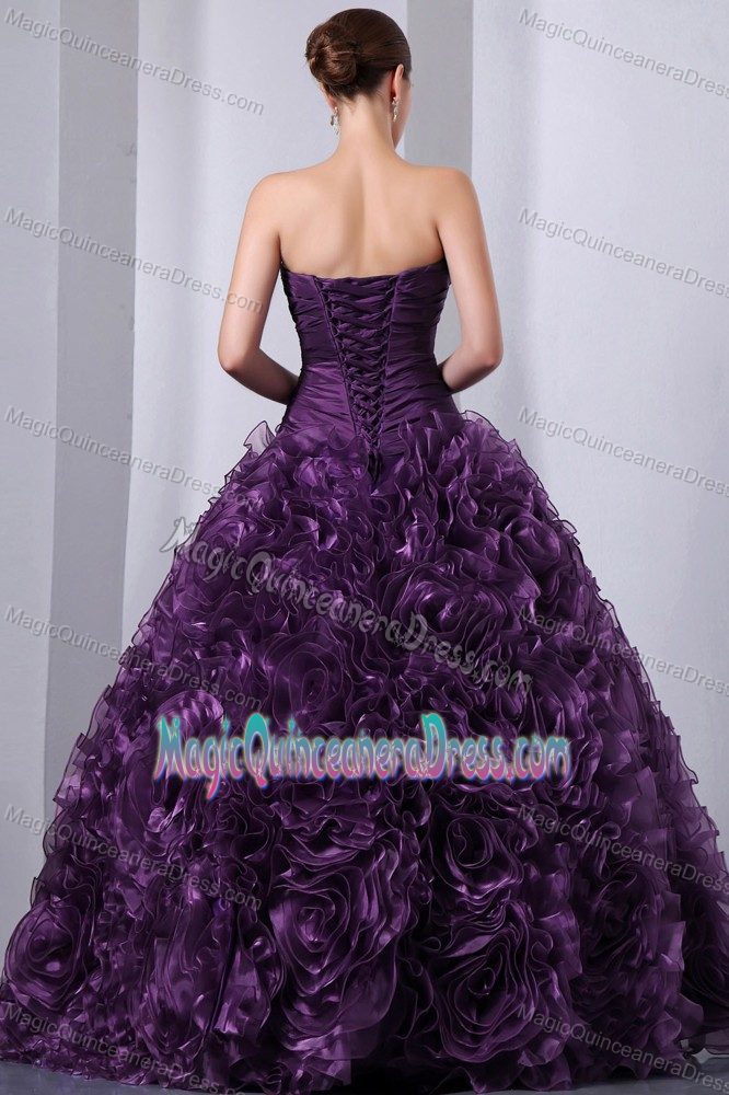 Beading Rolling Flowers Sweet 16 Dresses Strapless in Eggplant Purple