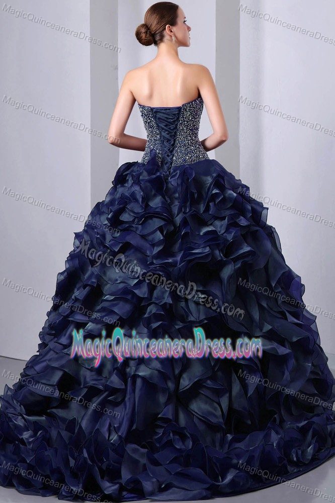 Sweetheart Brush Train Beading and Ruffles Quince Dresses in Navy Blue