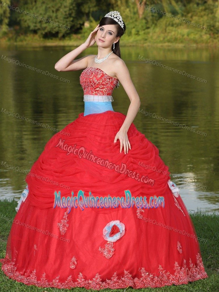Strapless Red Quinceanera Dress with Hand Made Flower Beaded