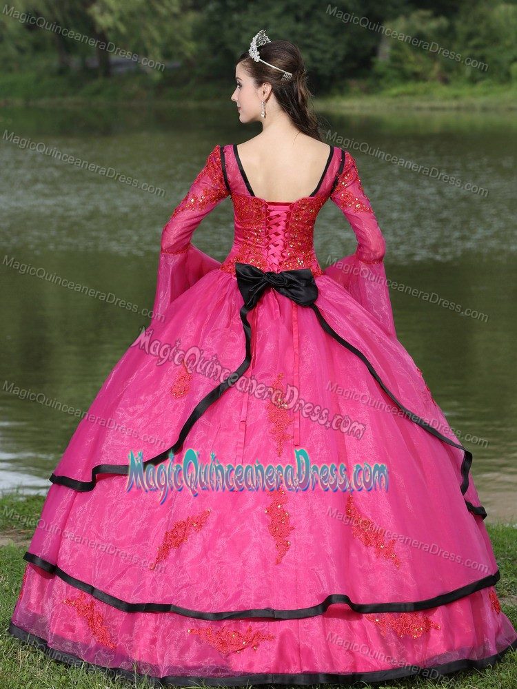 Long Sleeves Appliques Hot Pink Quinceanera Dress With V-neck