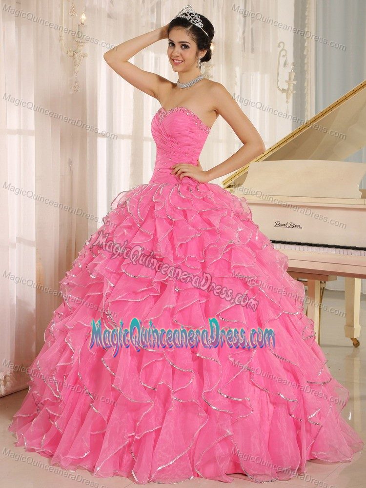 Ruffled Beading Rose Pink Quinceanera Dress Sweetheart in Zacapa