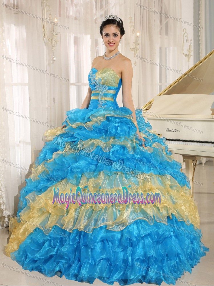 Yellow and Blue Sweetheart Ruffled Quinceanera Gown Dresses