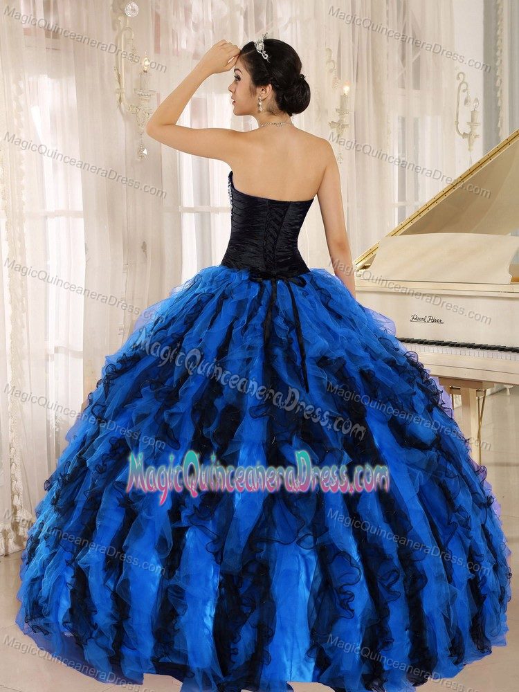Beading Ruffled Sweetheart Quinceanera Dress in Blue and Black