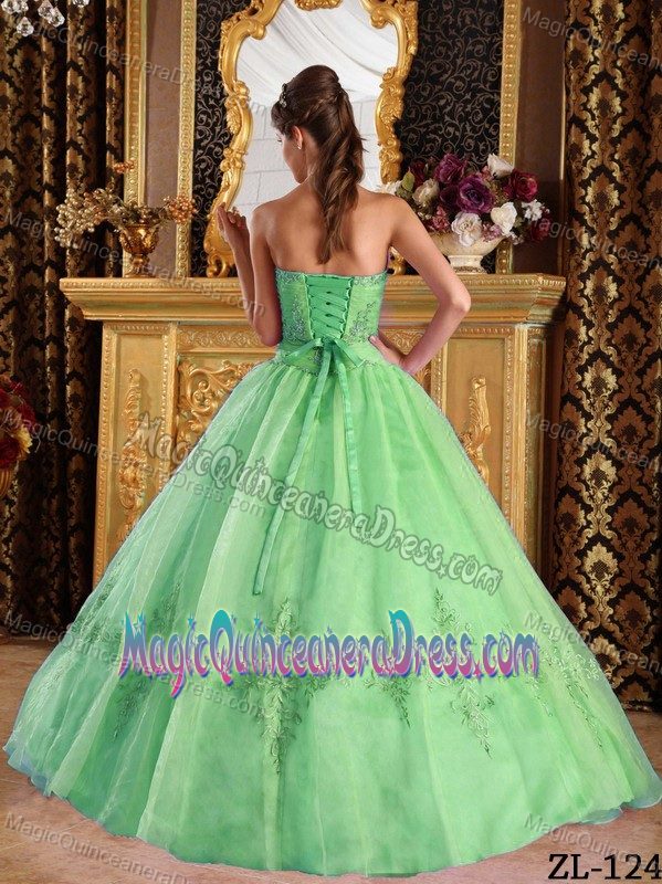 Green Strapless Appliques Quinceanera Dress to Floor-length in Gympie