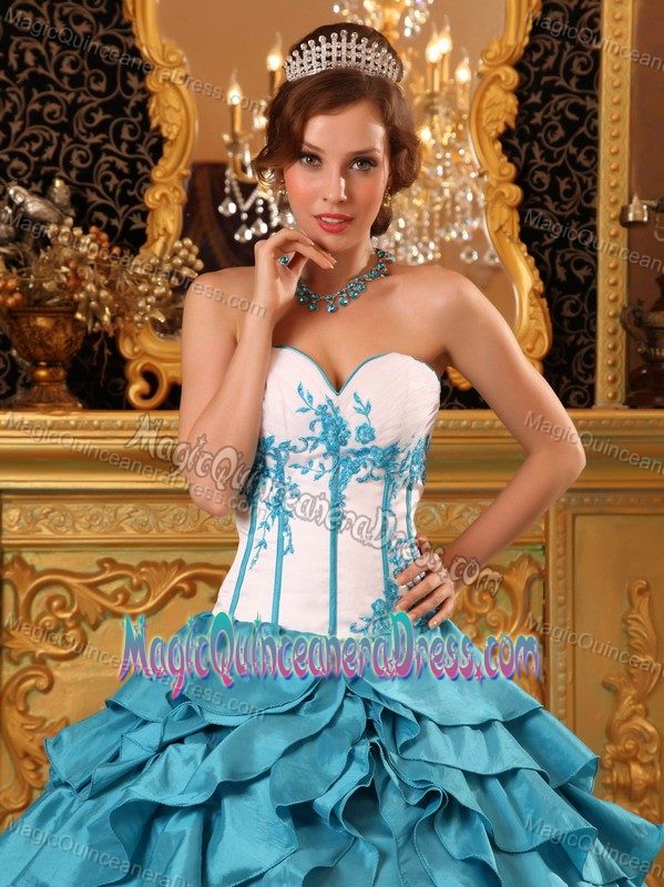 Turquoise and White Ruffles and Embroidery Quinceanera Dress 2013