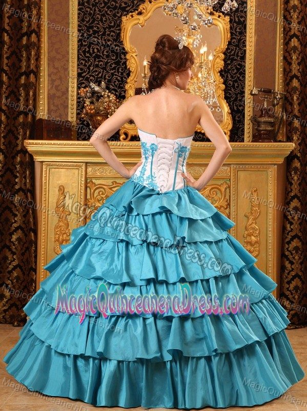 Turquoise and White Ruffles and Embroidery Quinceanera Dress 2013