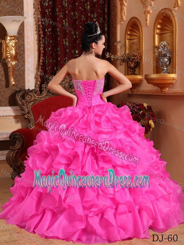 Appliques Strapless Floor Length Quinceanera Gowns Dresses in Hot Pink
