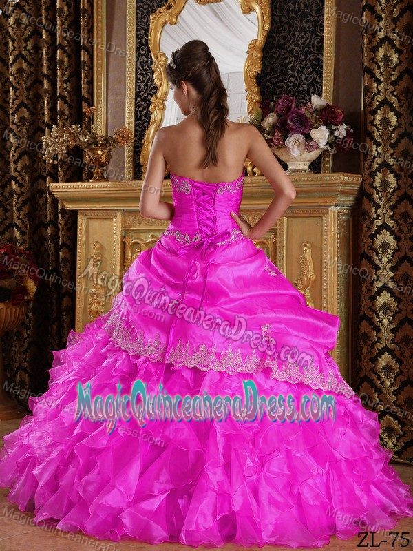 Strapless and Ruffles Dress for A Quince with White Appliques in Fuchsia