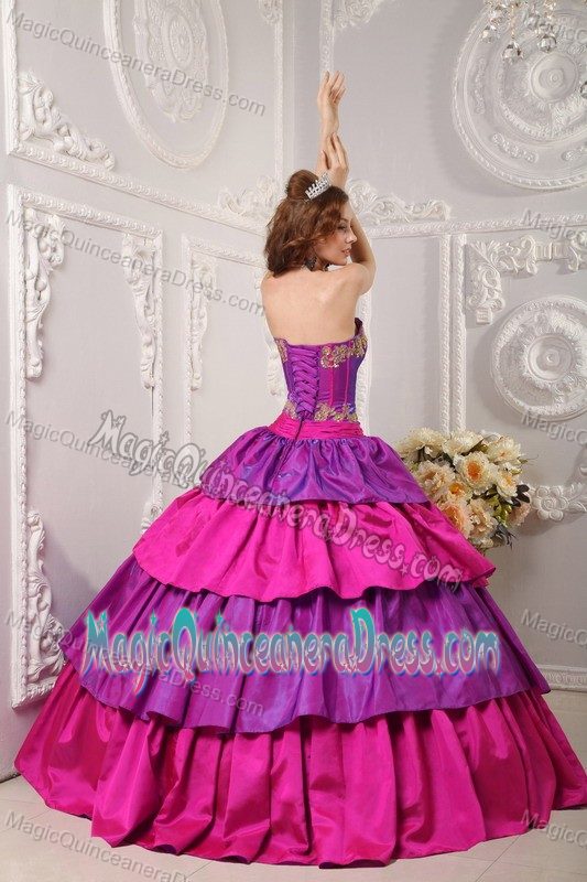 Ruffles Strapless Dress for A Quinceanera in Medium Orchid and Fuchsia