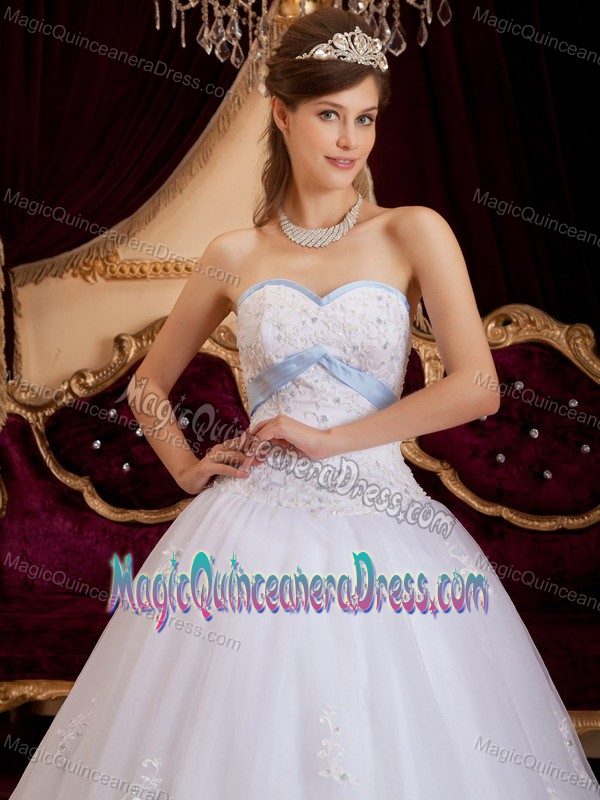 Baby Blue Bustline and Appliques for Quinceanera Dresses in White