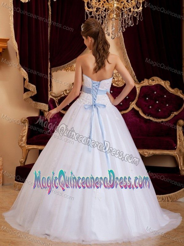 Baby Blue Bustline and Appliques for Quinceanera Dresses in White