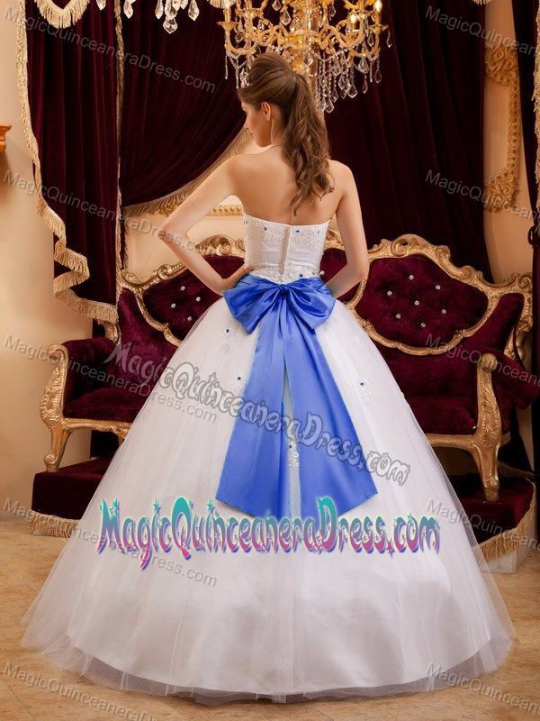 White Appliques Quinceanera Dress with Royal Blue Sash to Floor Length