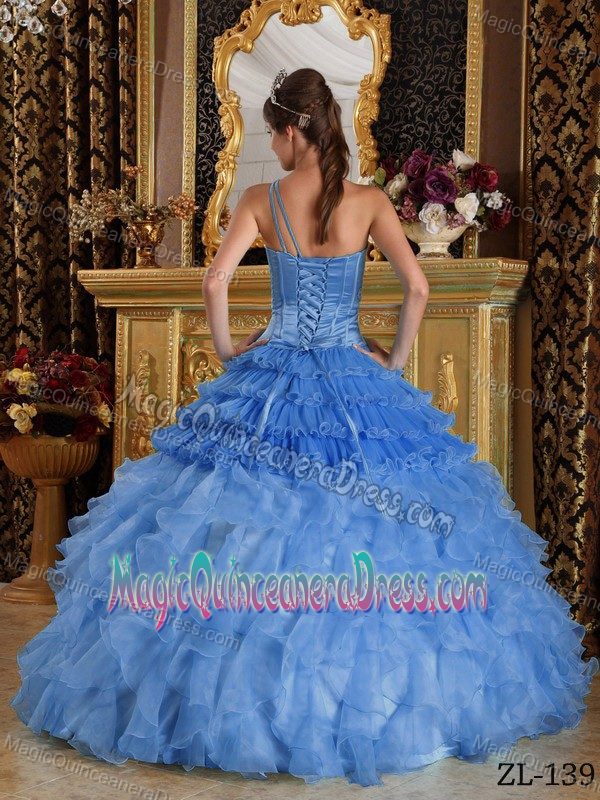 Blue Asymmetrical One Shoulder Beading Dresses for Quinceanera
