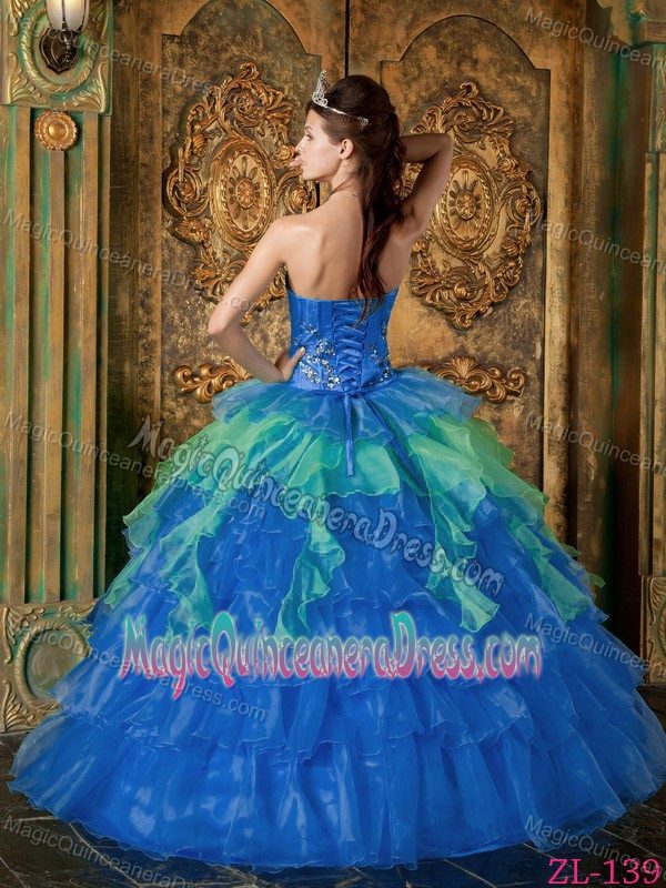 Blue Layered Ruffles Quinceanera Dress Decorated Boning Details