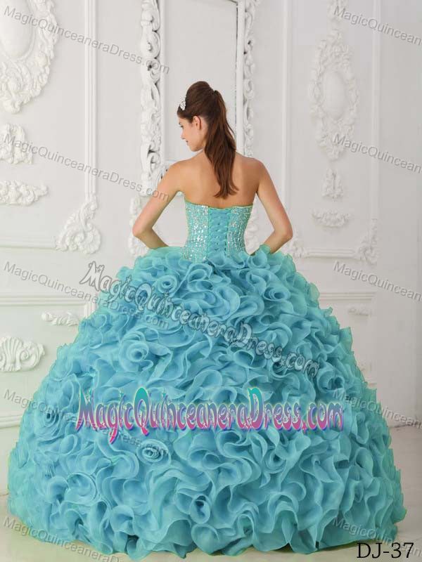 Albany WA Blue Ball Gown Beading Quinceanera Dress with Curls Skirt