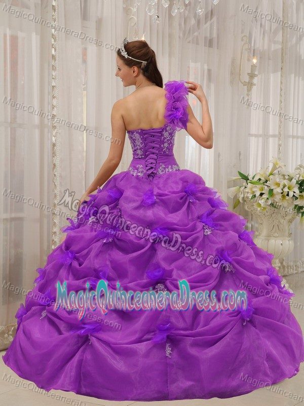 Fuchsia Ruffled One-shoulder Quinceanera Dress with White Appliques