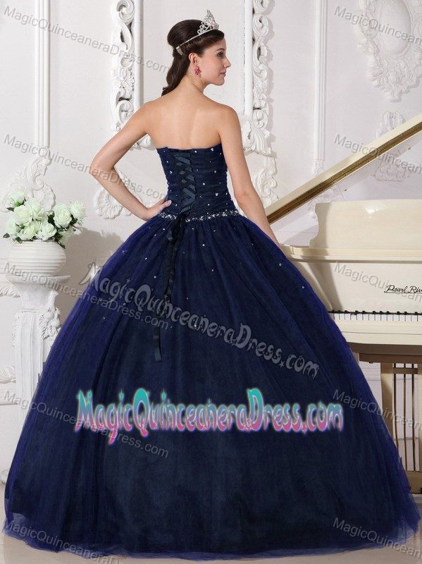 Navy Blue Rhinestone Quinceanera Gown Dresses with Lace up Back
