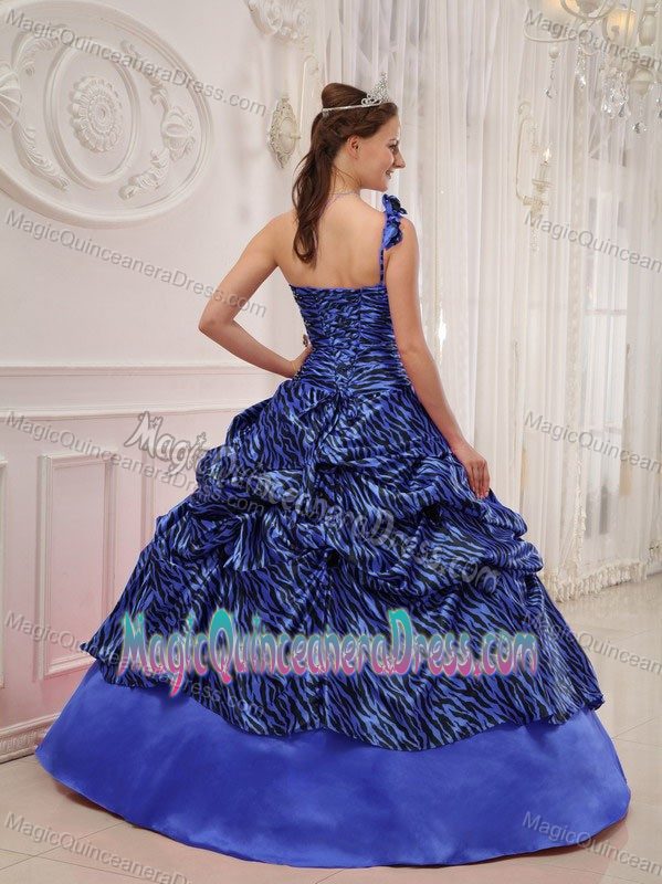One Shoulder Zebra with Black and Blue Appliques Quinceanera Dress