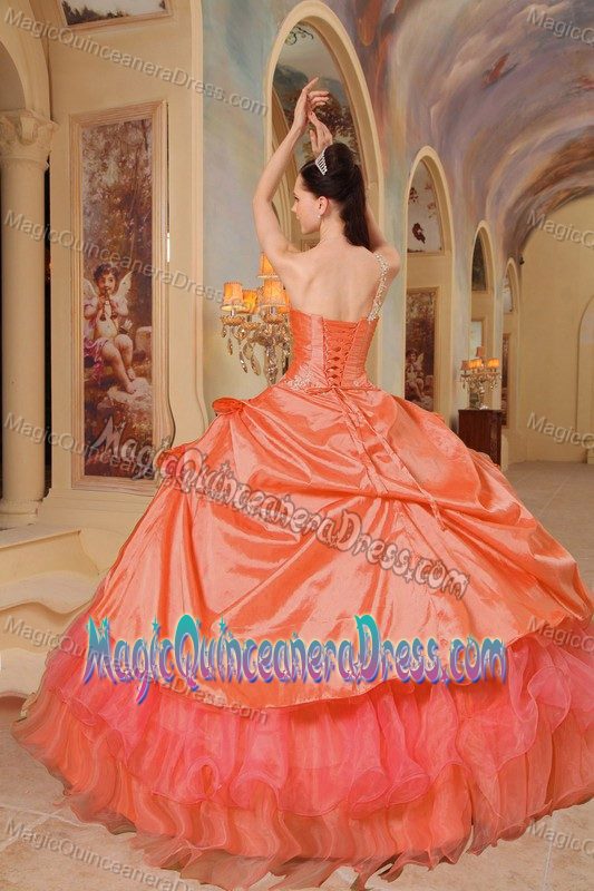 Whyalla SA One Shoulder Quince Dress in Orange Red with Ruffles