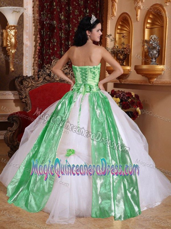 White and Green Ball Gown Beading and Appliques Dress for Quince