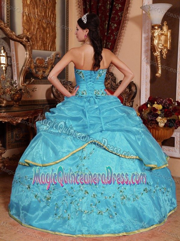 Aqua Blue Floral Appliques and Ruche Quinceanera Dress with Ruffles