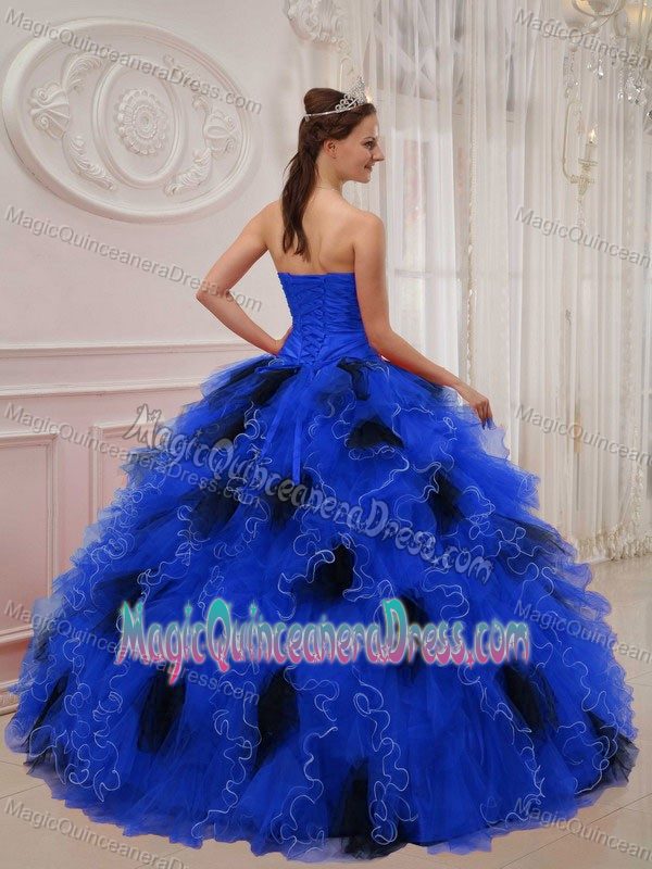 Sweetheart Quinceanera Gown with Beads Ruffled in Black and Blue