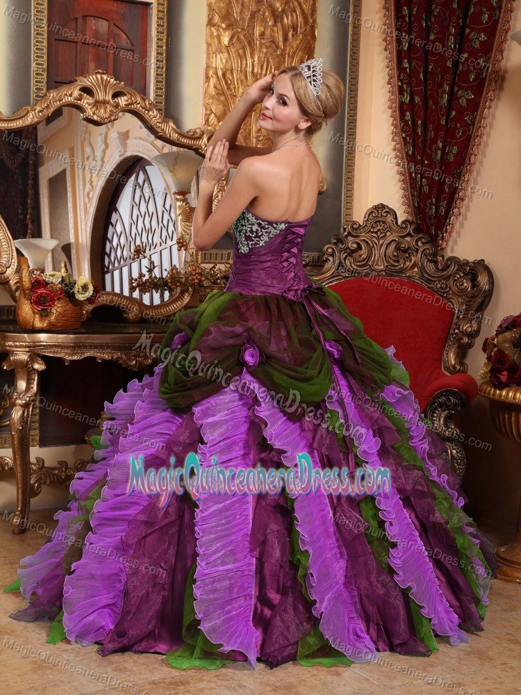 Multi-Colored Drapped Dress for Quinceanera with Flower Ruffled