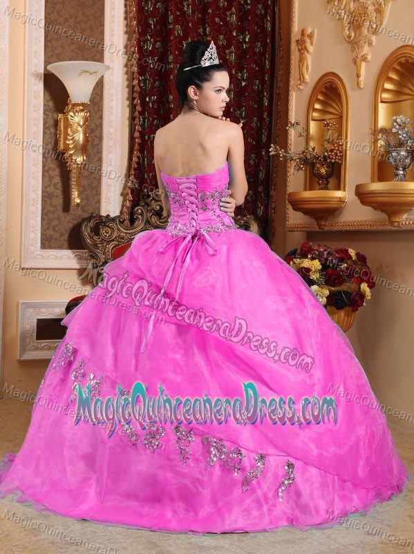 Layered Hot Pink New Quinceanera Gown with Appliques in Peebles