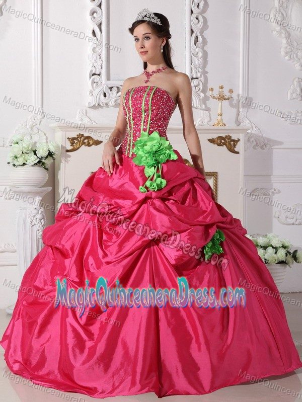 Hand Made Flowers Taffeta Beaded Quinceanera Dress in Coral Red