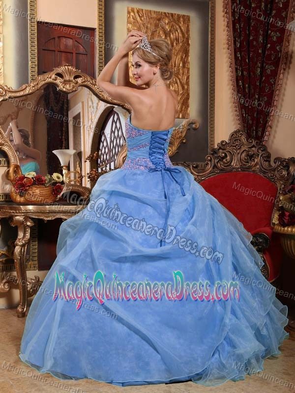 Light Blue Appliques Sweetheart Organza Ruched Quinceanera Dress