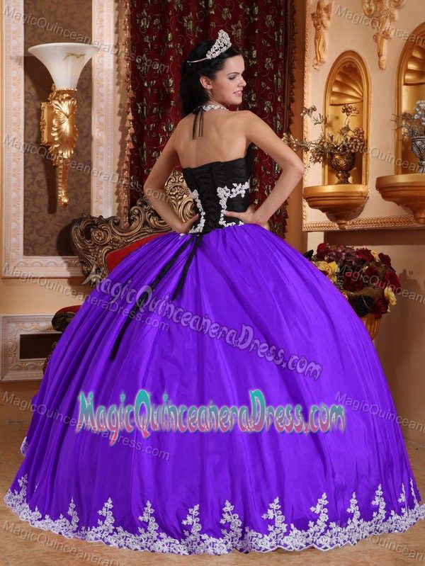 Appliques Purple Taffeta and Organza V-neck Quinceanera Dresses