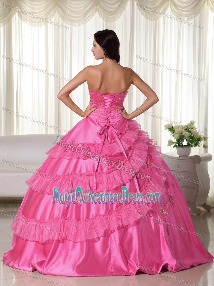 Hot Pink Taffeta Strapless Dress For Quinceanera with Embroidery