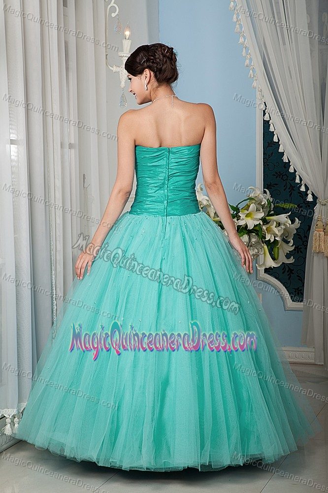 Ruched Turquoise Sweetheart A-line Beading Dress For Quinceanera