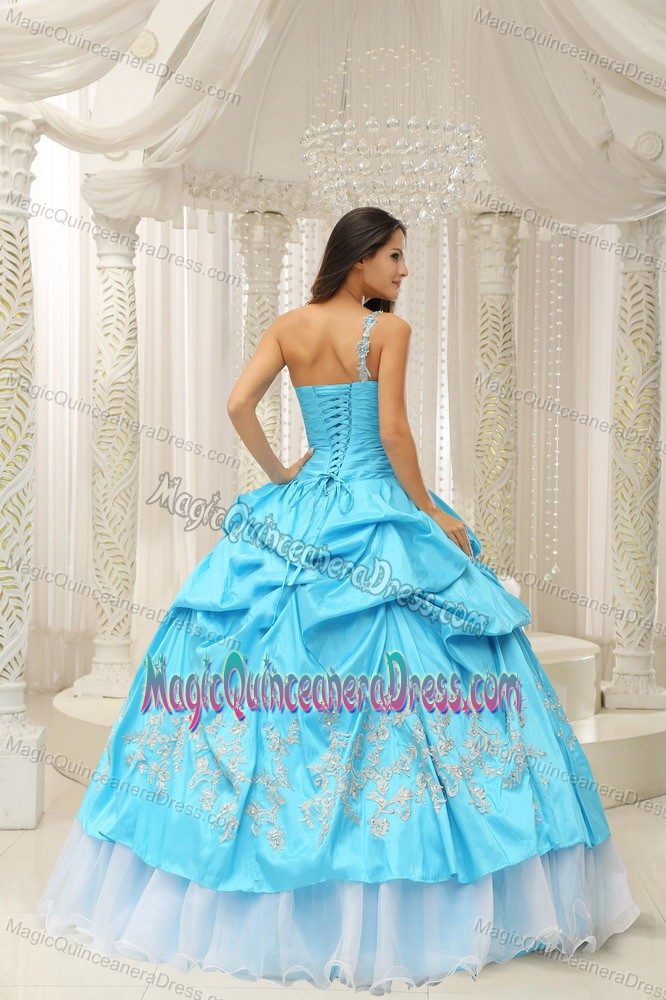Aqua Organza Quinceanera Dress with Embroidery and One Shoulder