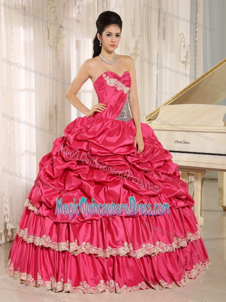 Cheap Hot Pink Beaded Pick-ups Quinceanera Dress with Appliques