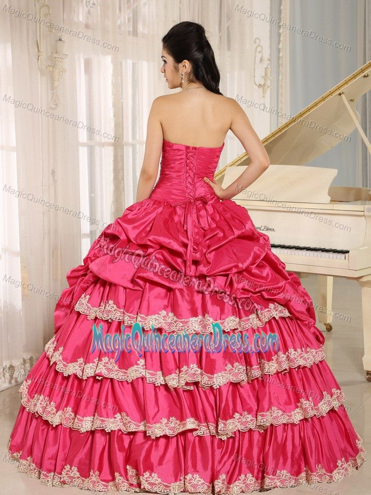 Cheap Hot Pink Beaded Pick-ups Quinceanera Dress with Appliques