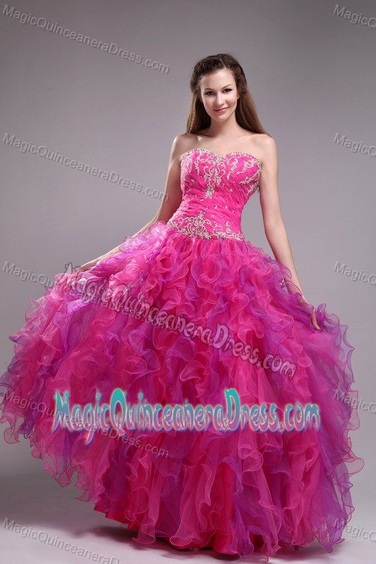 Appliques Fuchsia Sweetheart Organza Sweet 15 Dresses for Cheap