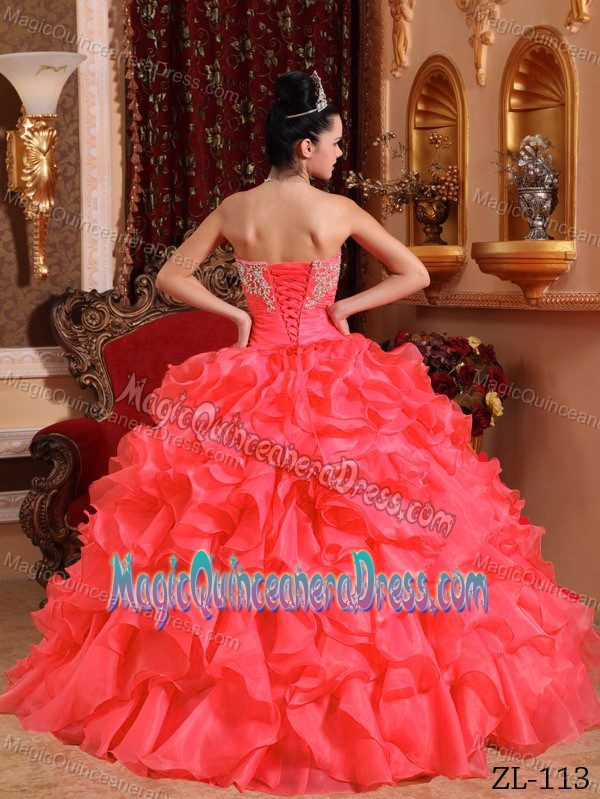 Appliques Coral Red Organza Quinceanera Dresses Beaded in Lorch